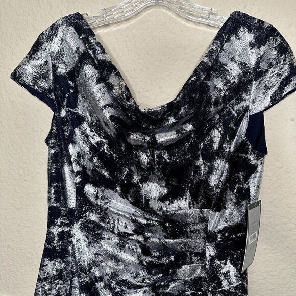 Tahari Arthur S Levine ASL Cowl Neck Fit & Flare Navy & Silver SZ 8 NWT $148 - Picture 2 of 13